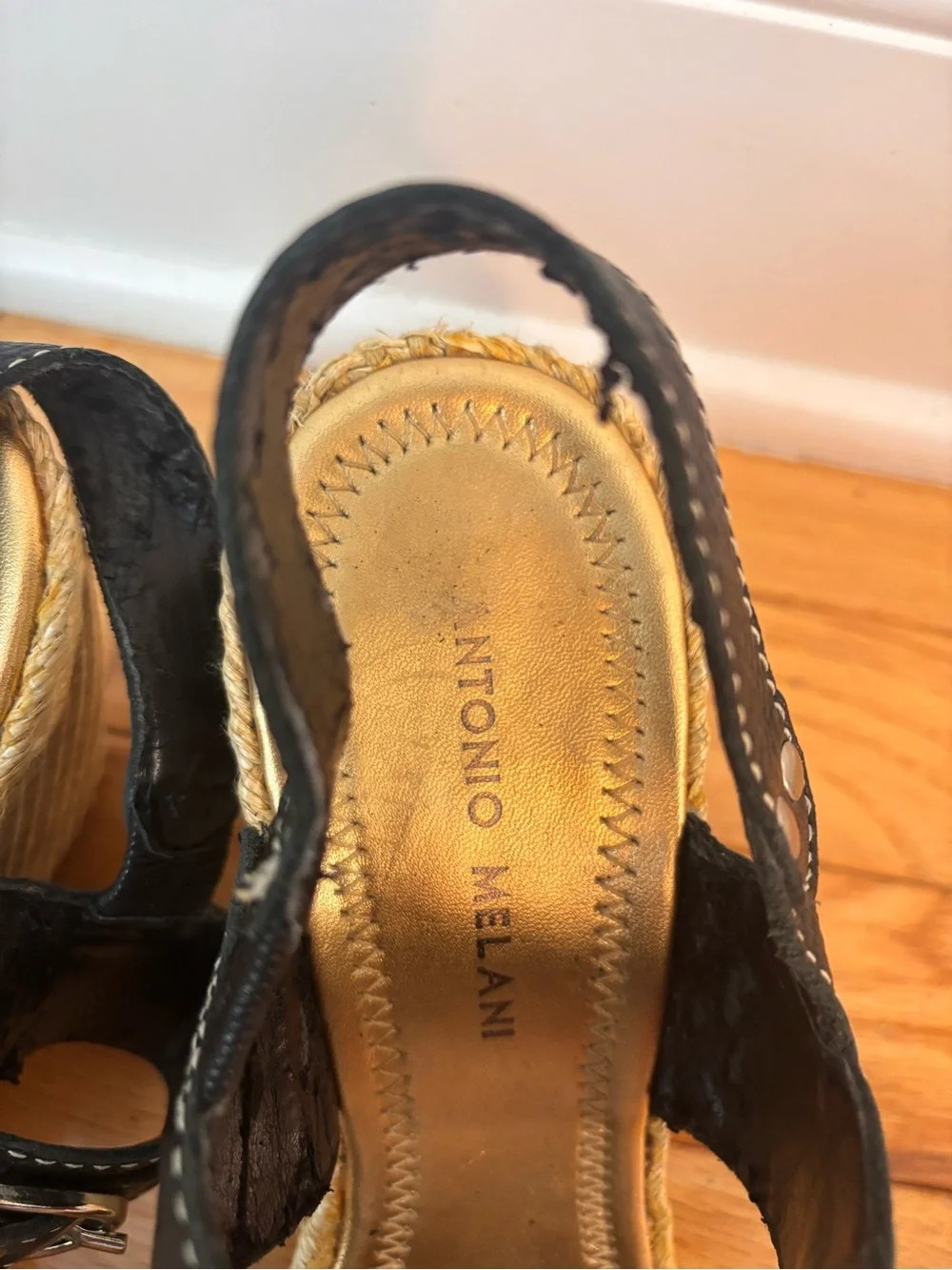 ANTONIO MELANI Y2K Black Leather Double-Buckle Espadrille Wedges Size 8 Brazil